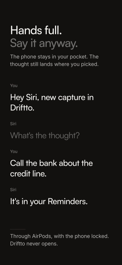 App Store screenshot: Hands full. Say it anyway. A note told to Siri that ends up in Reminders.